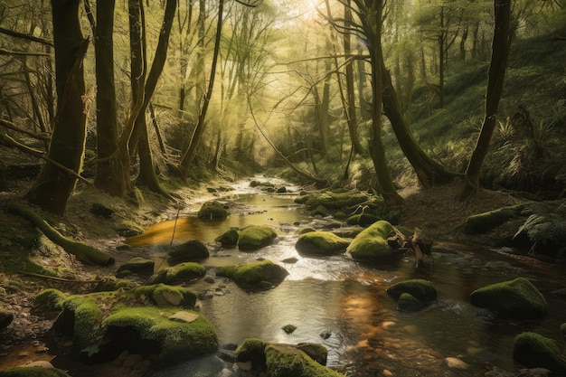 Forêt ensoleillée avec arbres moussus et ruisseau