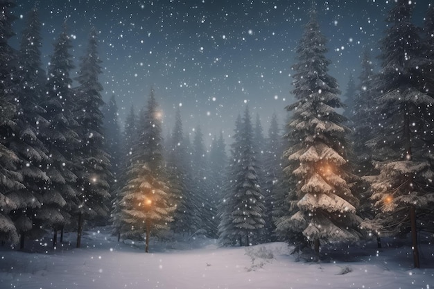 Forêt d'épicéas au pays des merveilles d'hiver magique avec neige et lumières de vacances