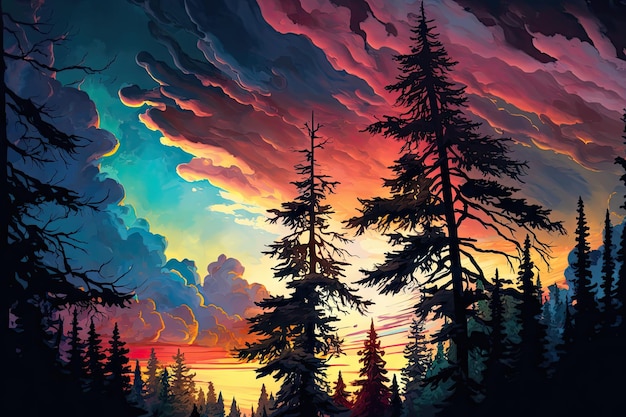 Forêt d'épinettes au coucher du soleil avec des couleurs vibrantes et un ciel dramatique créé avec une IA générative