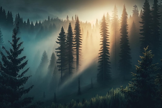 Forêt d'épinettes avec brouillard et brume au lever du soleil du matin