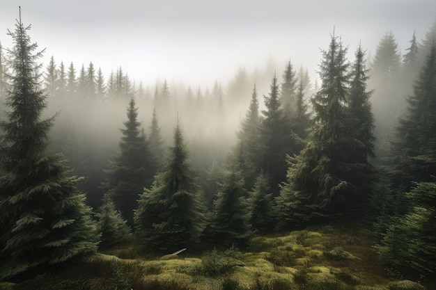 Forêt d'épinettes avec brouillard matinal brumeux