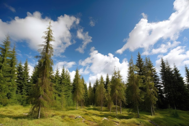 Forêt d'épinettes avec ciel bleu clair et nuages duveteux en arrière-plan