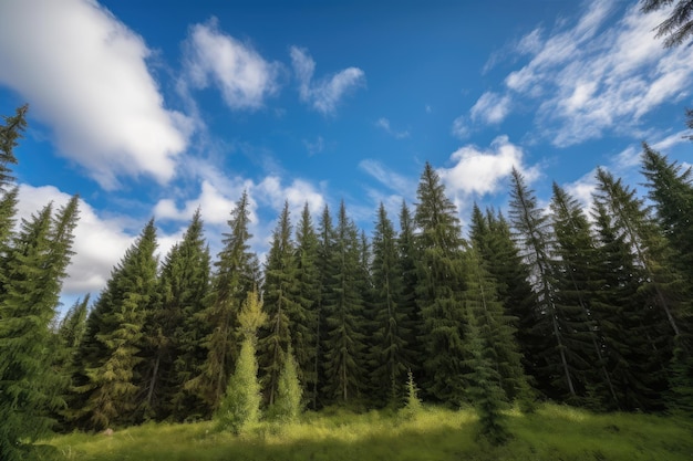 Forêt d'épinettes avec ciel bleu clair et nuages duveteux en arrière-plan