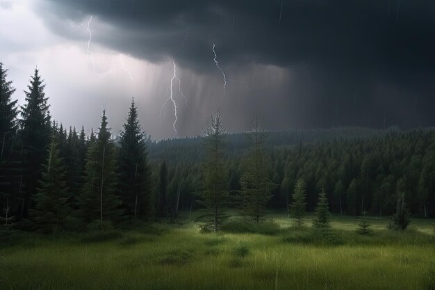 Forêt d'épinettes pendant une tempête avec éclairs et tonnerre