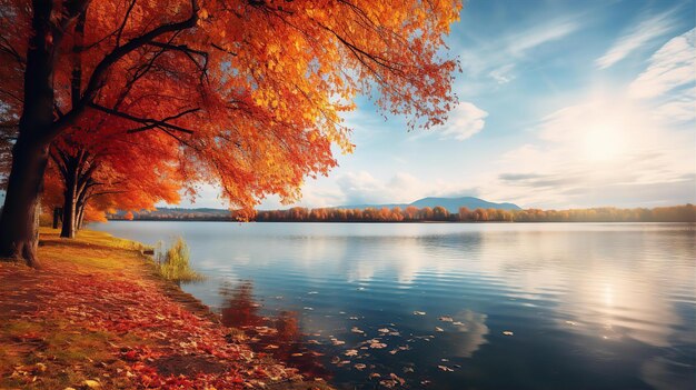 Photo forêt d'érable au bord du lac en automne avec une belle vue sur le ciel bleu