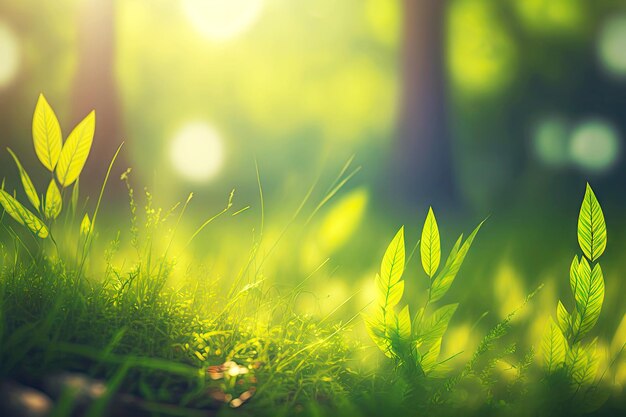 Forêt d'été avec de l'herbe dans la clairière comme arrière-plan flou de feuille verte