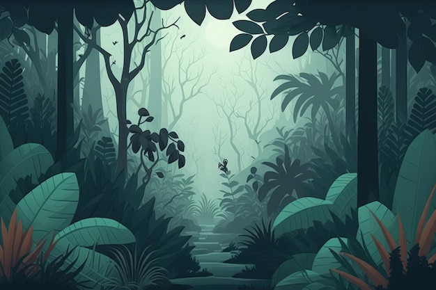 Forêt exotique dans le brouillard Panorama d'une jungle une oasis boisée désert brumeux sombre Illustration