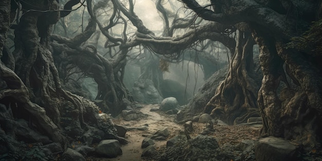 Forêt fantasmagorique avec des arbres tordus fantasy matte painting Illustration IA générative