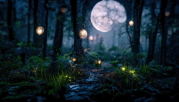 Forêt fantastique de conte de fées sombre Paysage de forêt de nuit avec des lueurs magiques Forêt abstraite fantaisie magique veilleuses illustration 3D au néon