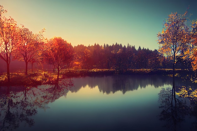 Forêt fantastique avec un lac au centre de la zone boisée Paysage de forêt fantastique lumière néon reflétée dans l'eau Illustration raster de rendu 3D