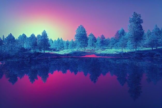 Forêt fantastique avec un lac au centre de la zone boisée Paysage de forêt fantastique lumière néon reflétée dans l'eau Illustration raster de rendu 3D