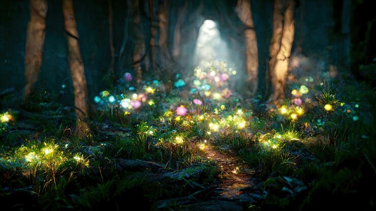 Photo forêt fantastique magique avec des lucioles et des rayons de lumière entre les arbres