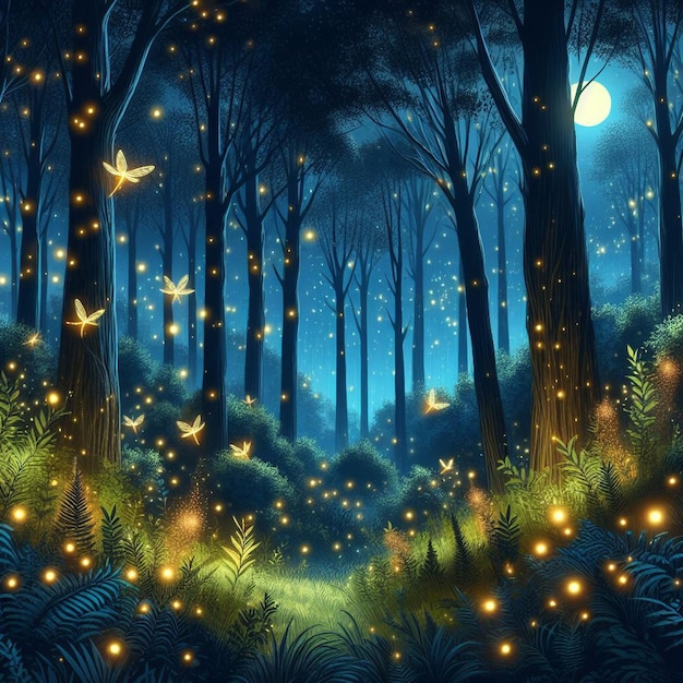 Forêt fantastique la nuit avec des lumières magiques et des étoiles