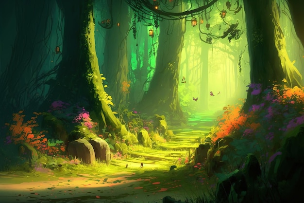 forêt de fées aux couleurs vives