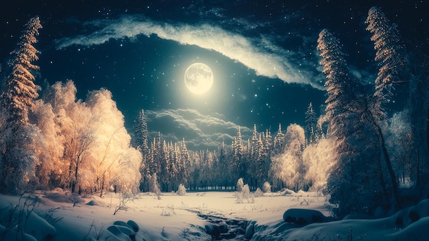 forêt de fées couverte de neige dans une lune