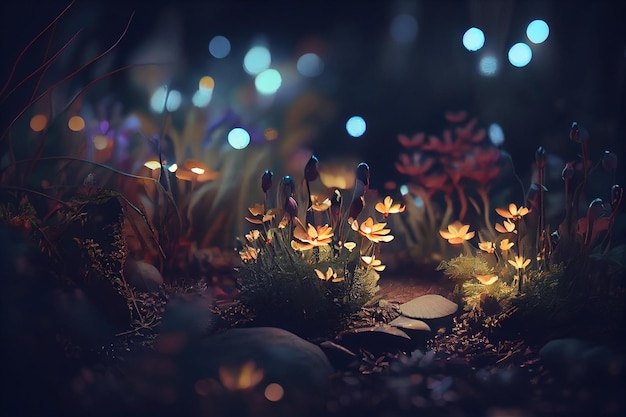 Forêt de fées la nuit fantaisie fleurs rougeoyantes et lightsgenerative ai