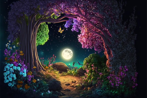 Forêt de fées la nuit fantastique fleurs et lumières rougeoyantes AI générative