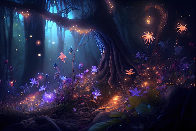 Forêt de fées la nuit fantastique fleurs et lumières rougeoyantes AI générative