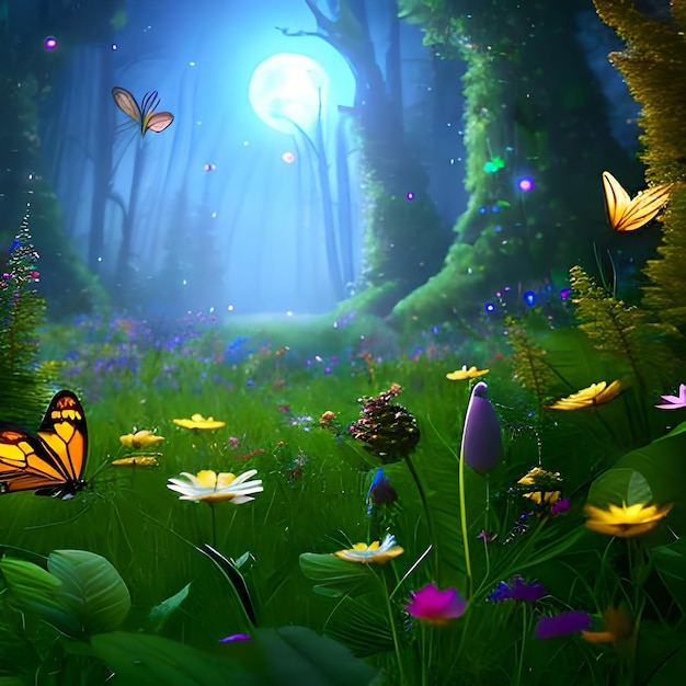 Forêt de fées la nuit fantastique fleurs rougeoyantes papillon et lumières