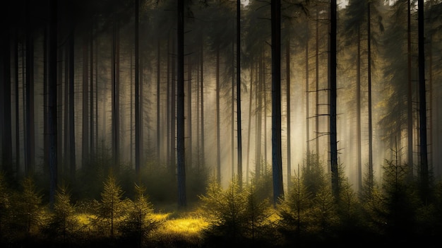 Une forêt avec un feu au sol et un feu jaune au sol