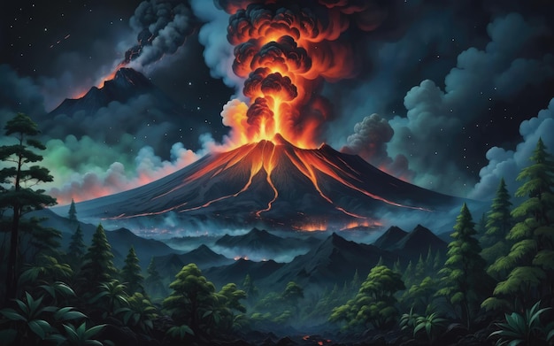 La forêt en feu par le magma de l'éruption du volcan La fumée s'élève dans le ciel nocturne