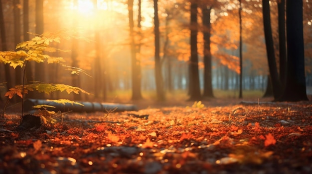 une forêt avec des feuilles jaunes et des arbres