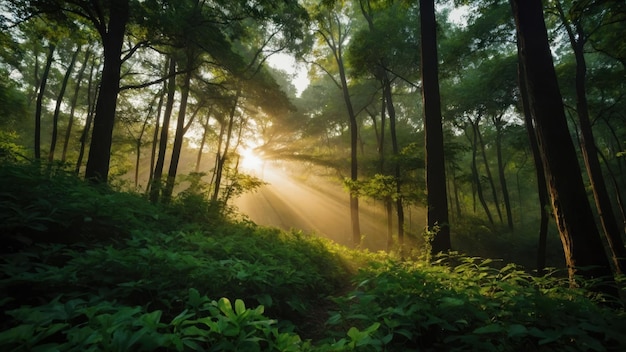 Forêt à feuilles vertes au lever du soleil