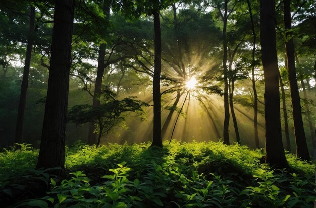 Forêt à feuilles vertes au lever du soleil