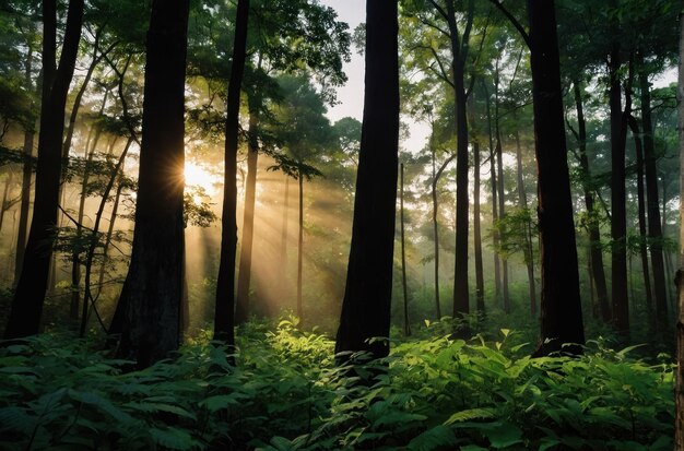 Forêt à feuilles vertes au lever du soleil