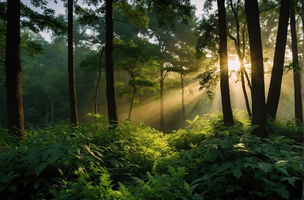 Forêt à feuilles vertes au lever du soleil