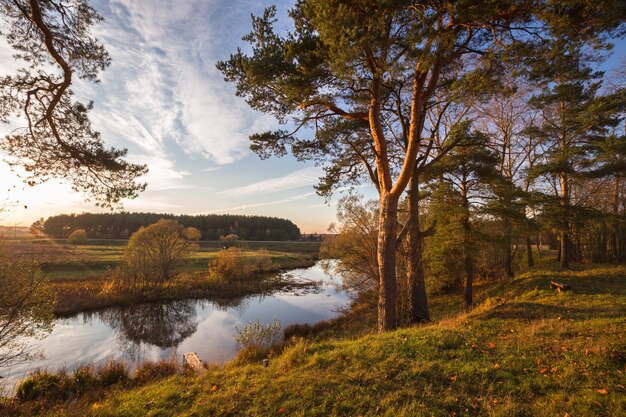 forêt de feuillus paysage d'automne avec des sablières et coucher de soleil sur l'eau