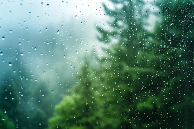 Une forêt floue sur fond avec des gouttes de pluie sur les vitres et un paysage pluvieux