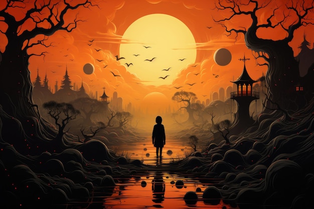 Forêt de fond d'Halloween avec des lanternes et des chauves-souris citrouilles rougeoyantes maisons hantées de pleine lune