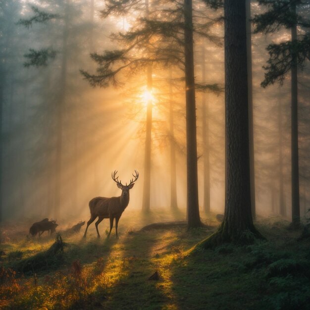 Photo la forêt fort brouillard prédateur cerf lever du soleil lumière dure soleil