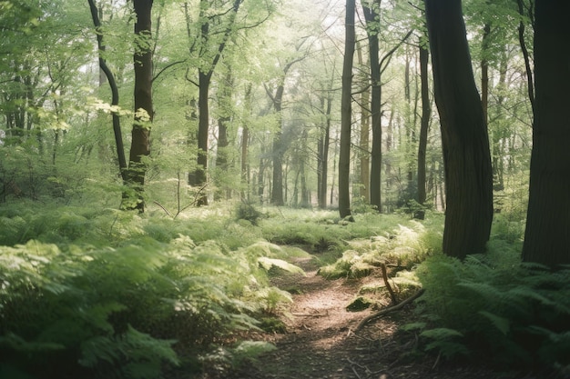 Une forêt avec des fougères et des arbres sur le côté gauche