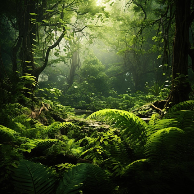 une forêt de fougères et un fond vert