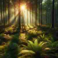 Photo une forêt avec des fougères et le soleil brillant à travers les arbres