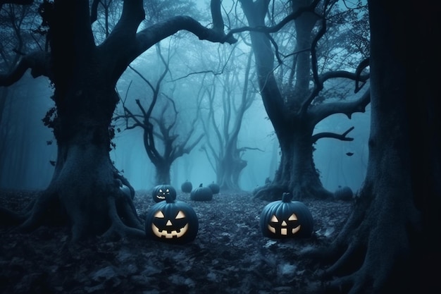 Forêt hantée à blue moon halloween night jack o lantern avec des lumières fantasmagoriques comme des spectres