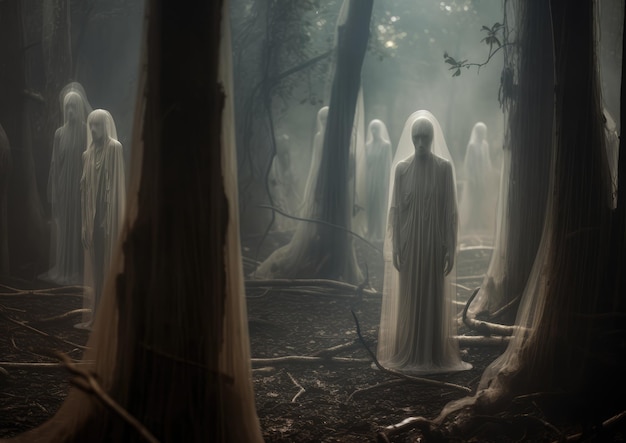 Forêt hantée avec des personnages fantomatiques flottant