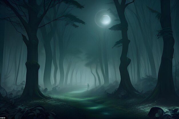 Photo forêt hantée à la pleine lune de minuit