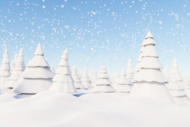 Forêt d'hiver 3D sous un ciel bleu pendant les chutes de neige
