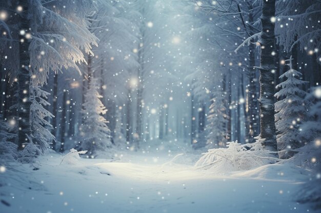 Forêt d'hiver avec des arbres couverts de gel et de flocons de neige