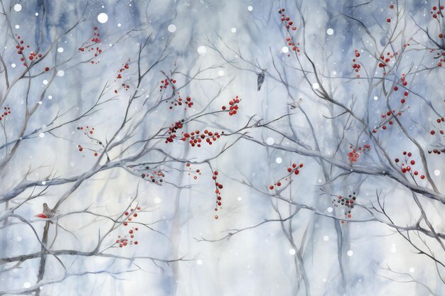 Photo forêt d'hiver avec des arbres couverts de neige et des baies de rowan