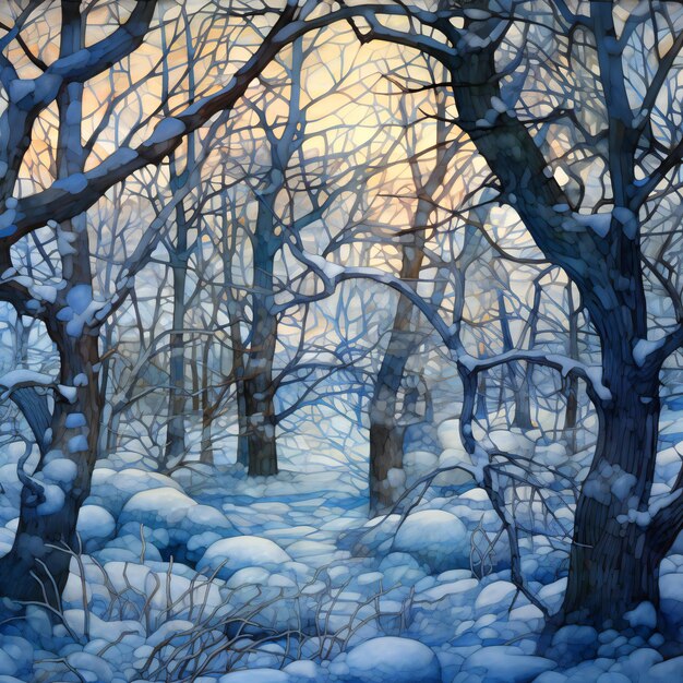 Forêt d'hiver avec des arbres et de la neige le soir Peinture numérique