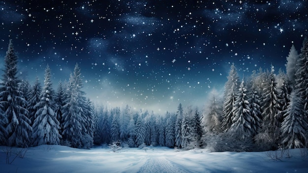 Forêt d'hiver avec ciel de neige et étoiles la nuit