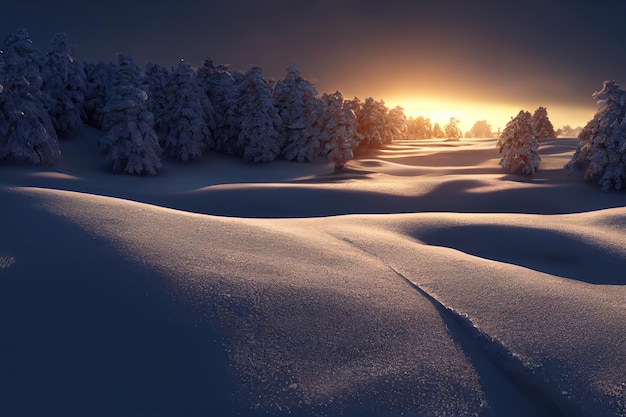 Forêt d'hiver avec des congères d'arbres aux cimes blanches au coucher du soleil de l'illustration 3d du soleil éclatant