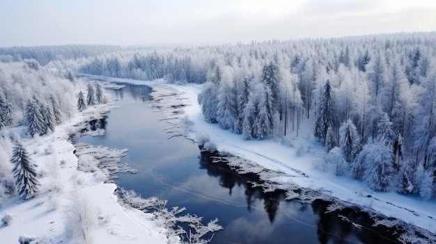 Forêt d'hiver dans la neige Vue de drone La beauté de la nature hivernale Arbres dans la neige