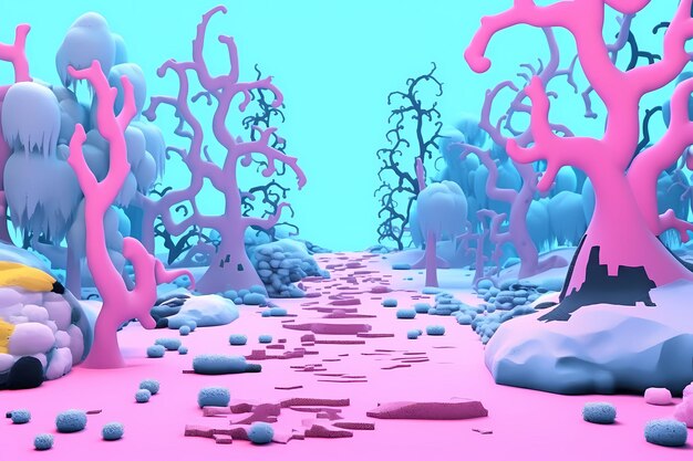 Photo forêt d'hiver de dessins animés fond néon vibrant style 90 y2k