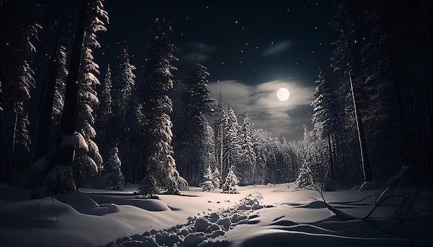 Forêt d'hiver enneigée la nuit avec pleine lune ai générative