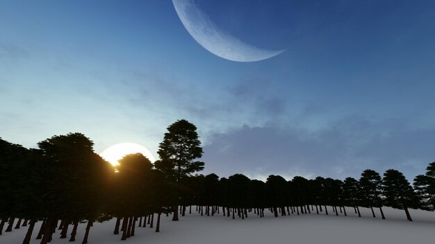 Forêt d'hiver sur fond de lever de soleil avec le rendu 3D de la lune